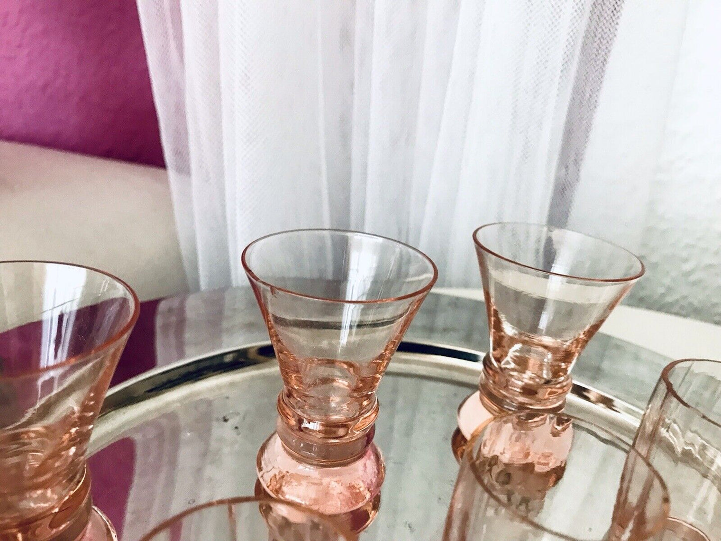 Antik ~1900 -20 6x Schnapsgläser Likör Gläser Pinchen optisch gerippt Glas rosa