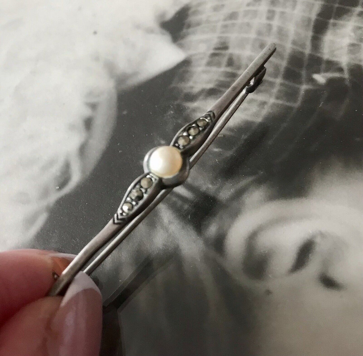 Antik Art Déco Edel Stabbrosche 835 Silber Brosche Markasiten Perle So Schön!