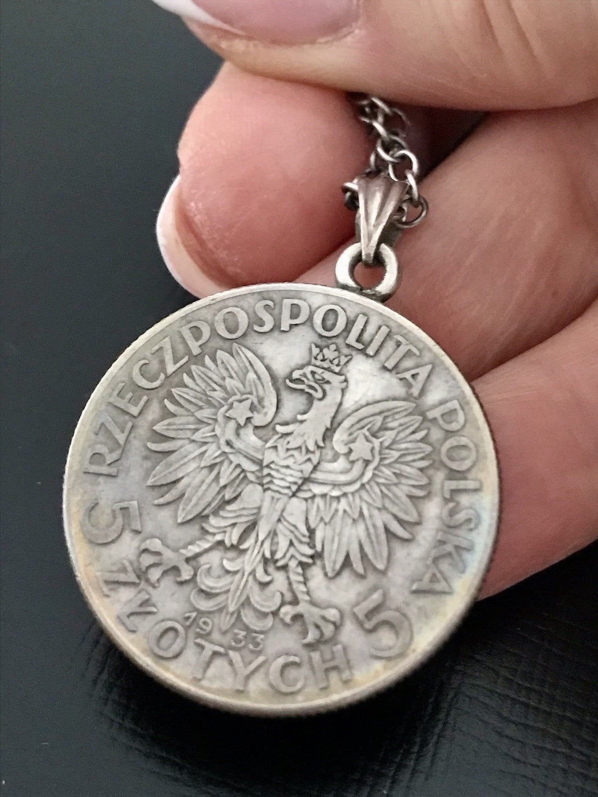 Antik Halskette Münze Jadwiga Polen 1933 Anhänger Kettenanhänger Silber 835