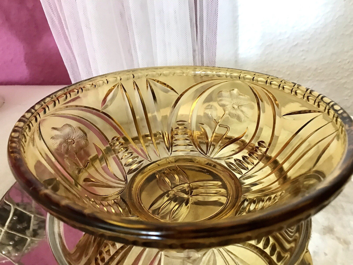 Antik Art Déco Vintage Pressglas Schale gelb Klatschmohn