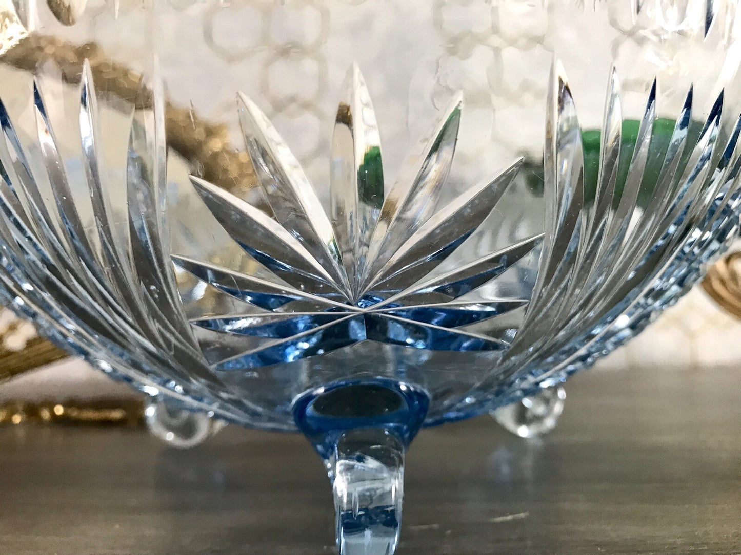 Antik EDEL blau Art Déco Schale Glasschale mundgeblasen geschliffen 3füssig