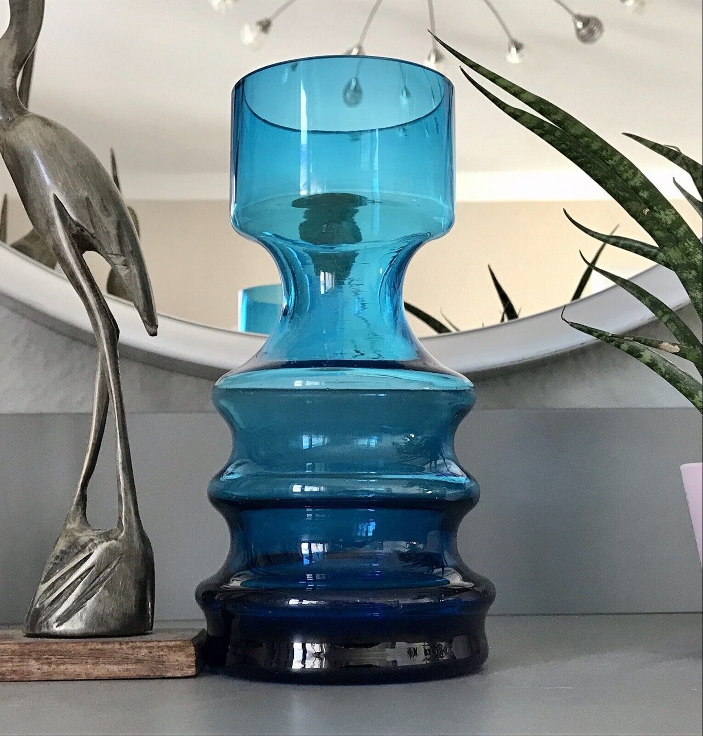 Vintage MCM 60er 70er Jahre blau Glas Kerzenständer Vase Blumenvase Glasvase