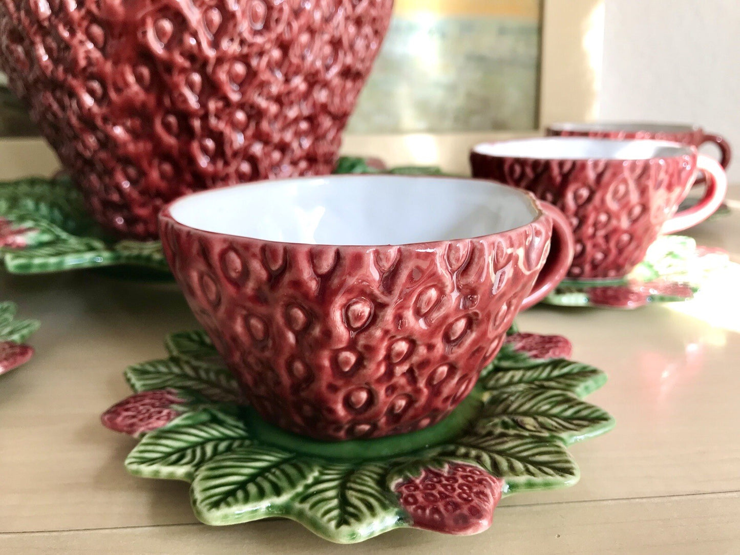 Vintage alt Majolika Keramik Bowle Set Topf 6 Tassen grün rot Erdbeere Pinhero