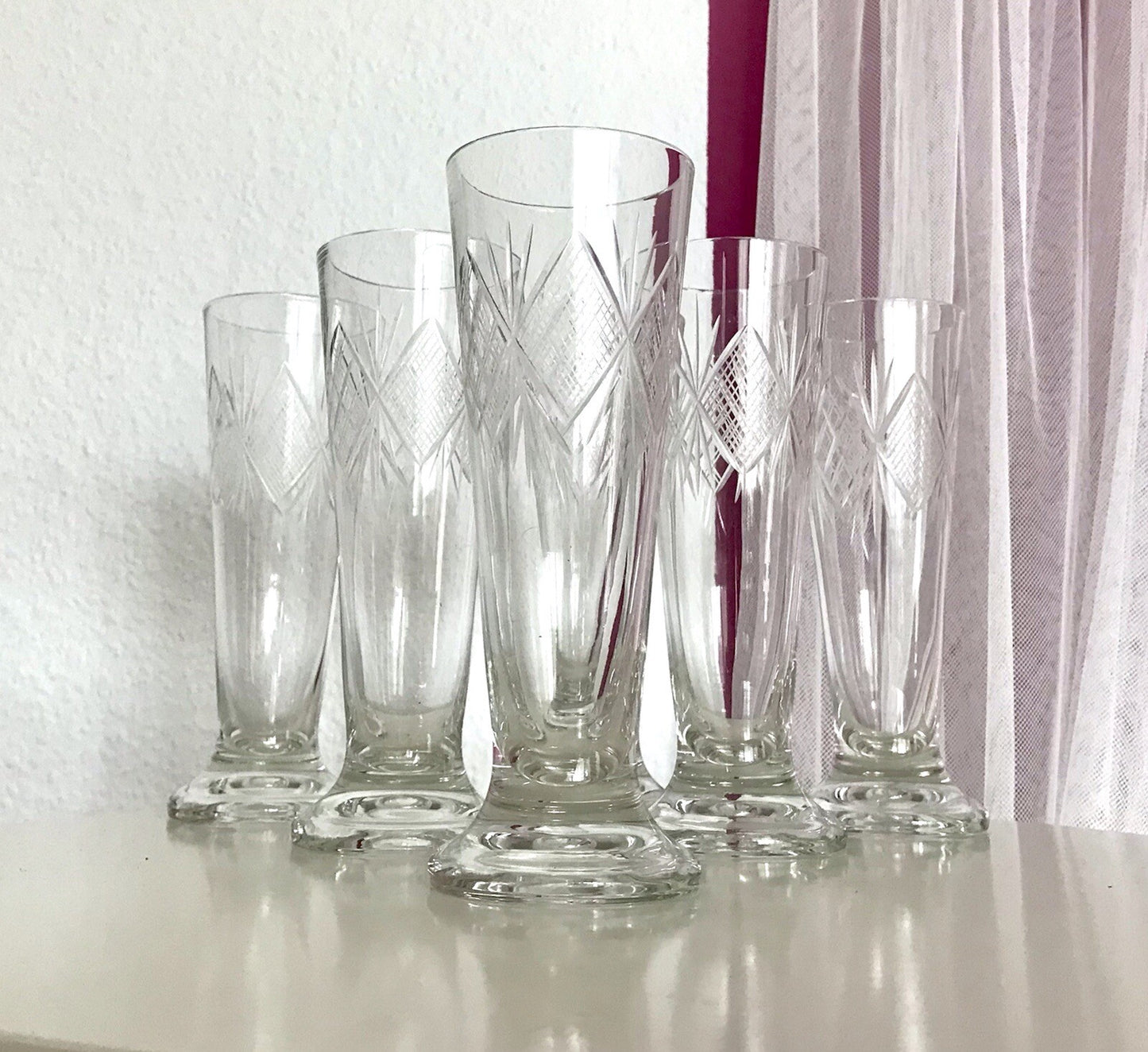 Antik 6x Fußbecher Fußrand-Becher mundgebl. Pokalgläser Kristallglas? Schliff