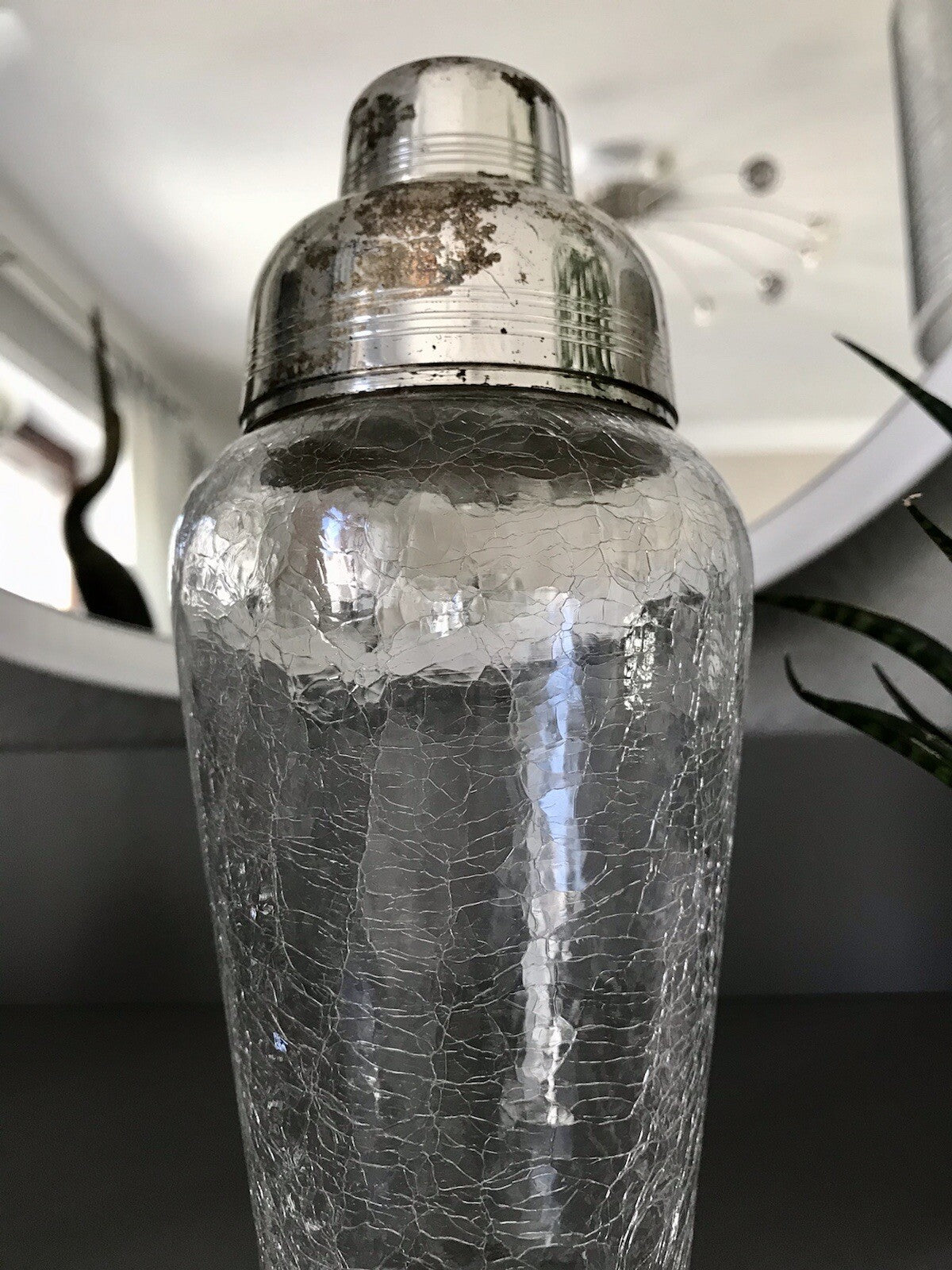 Vintage Glas 60er Craquelée versilbert Montur Getränke Cocktail Shaker