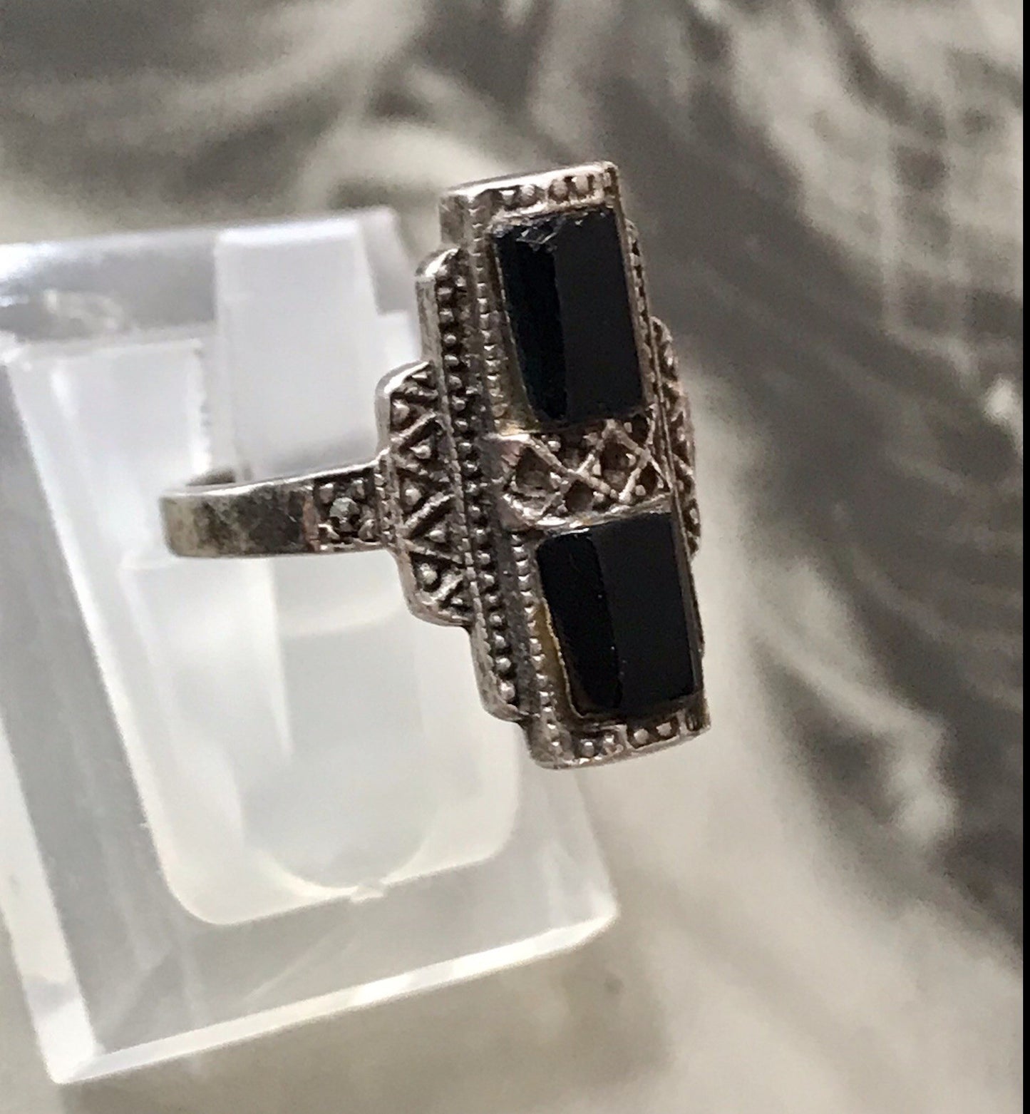 Antik Art Déco Damen Schiffchen Ring Onyx 925 Silber Gr.56 Markasite 18,1