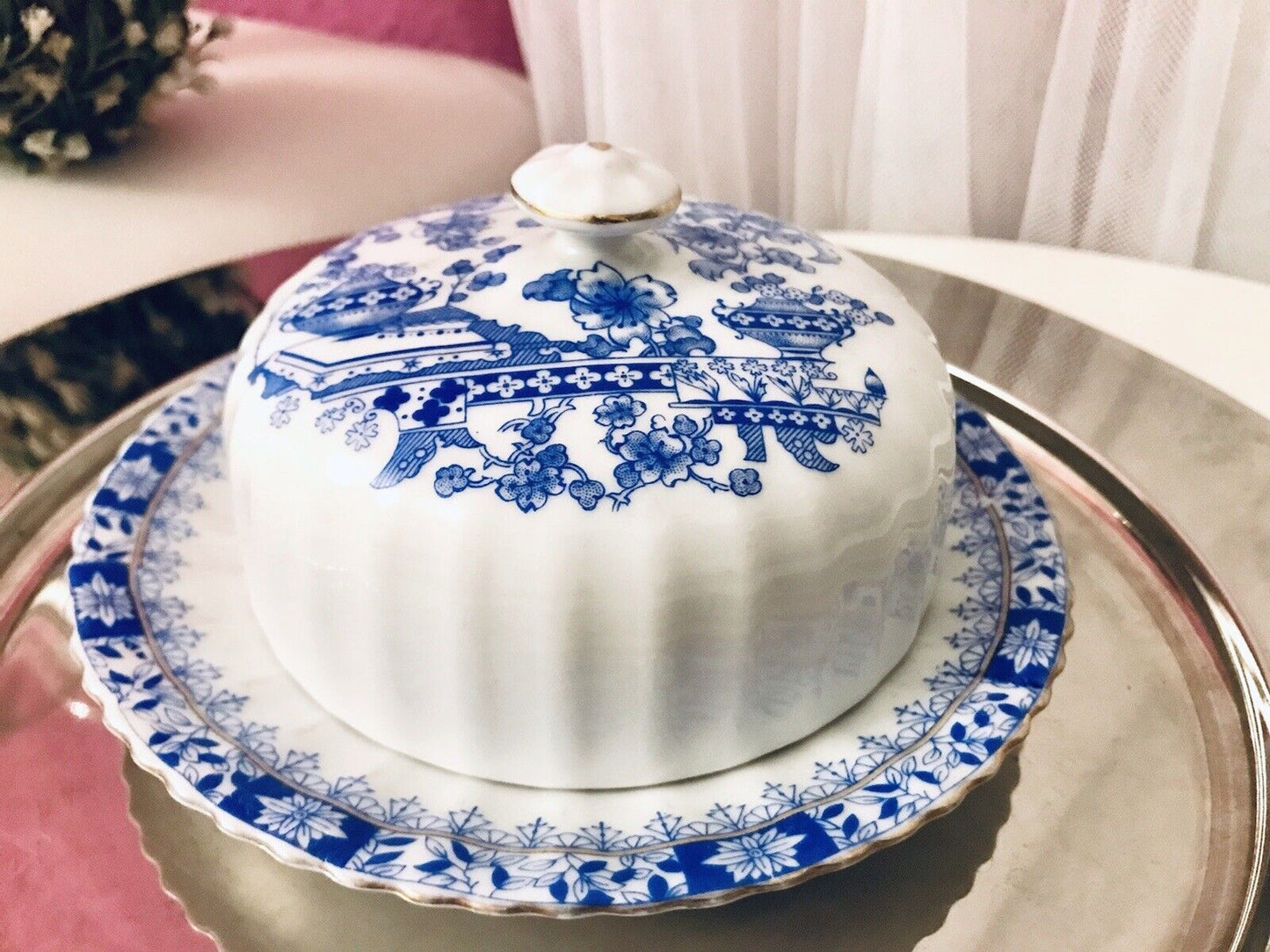 Antik Art Déco Porzellan Butterdose Dose China Blau