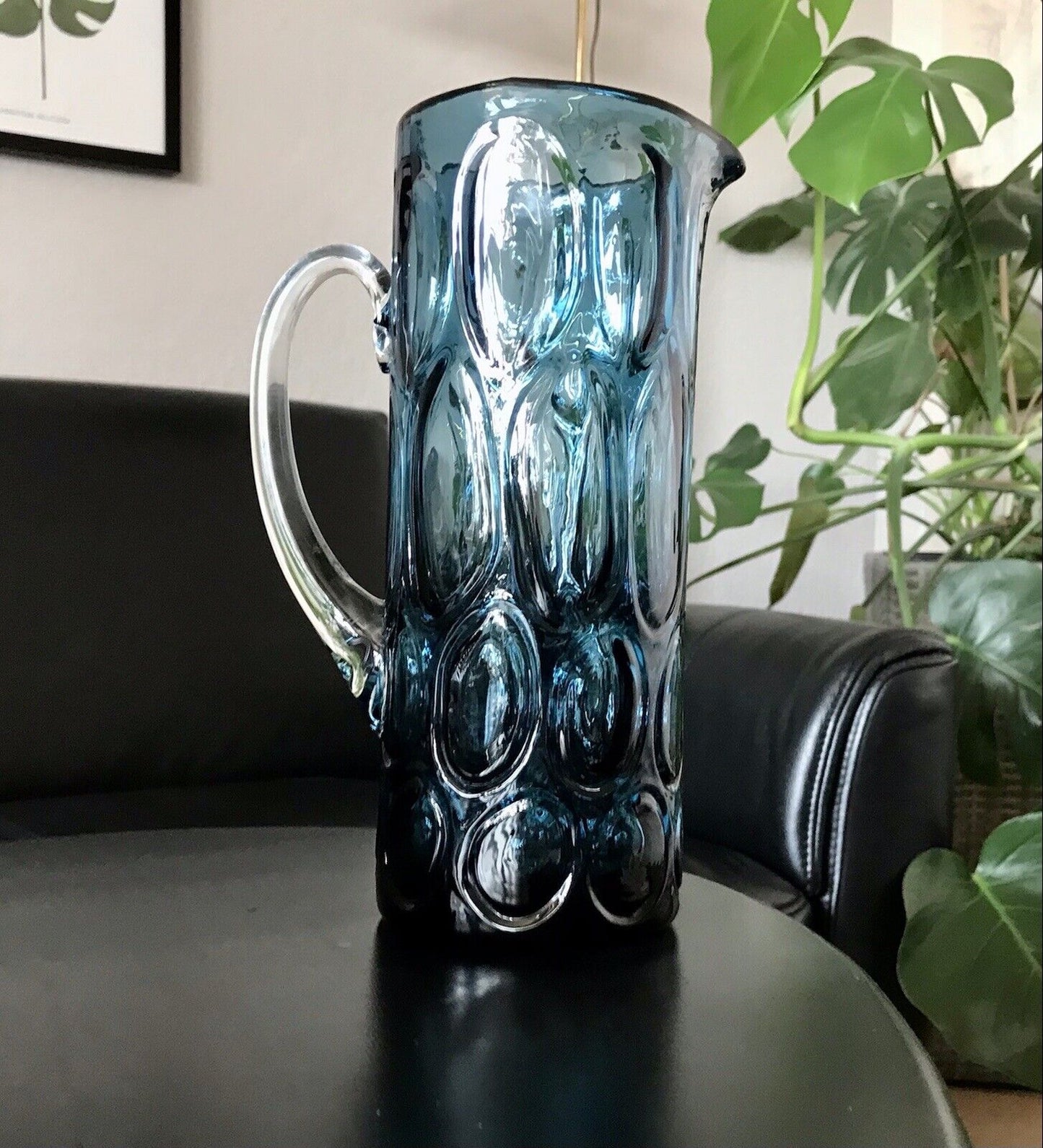 Vintage Designer 60er Krug Kanne Karaffe Space Age Glas Bubble Struktur blau