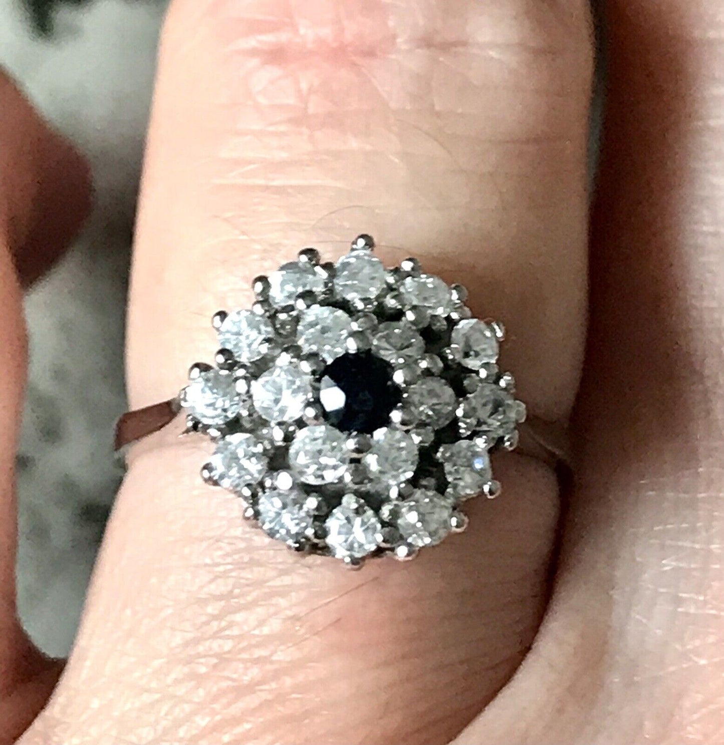 Vintage Entourage Halo Ring farblose Steine & Saphir Silber 925 ~Gr.54