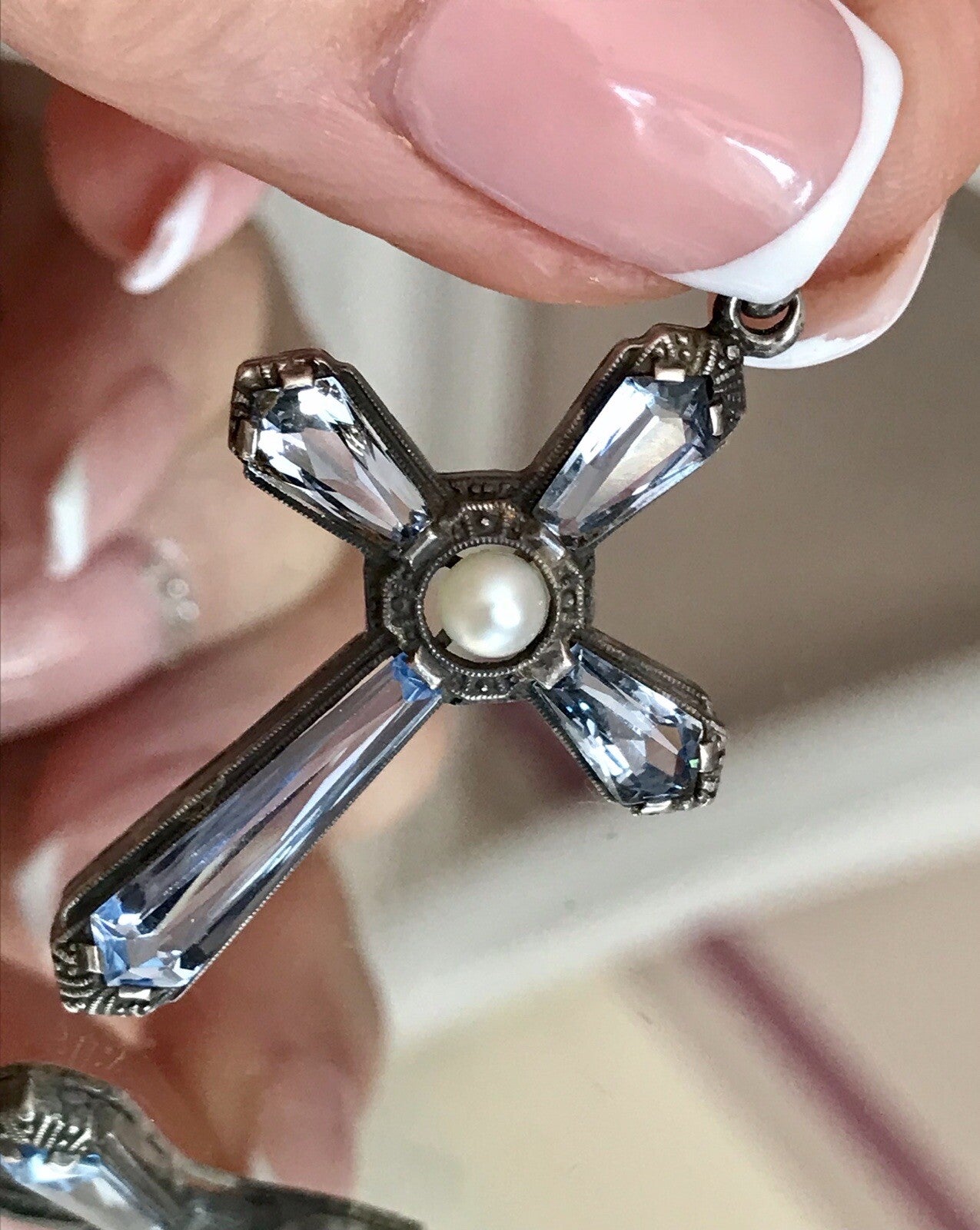 Antik Edel Art Déco Silber Kreuz Anhänger Kettenanhänger blaue Steine Aquamarin?