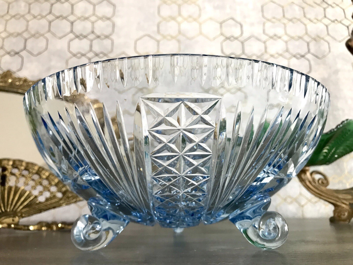 Antik EDEL blau Art Déco Schale Glasschale mundgeblasen geschliffen 3füssig