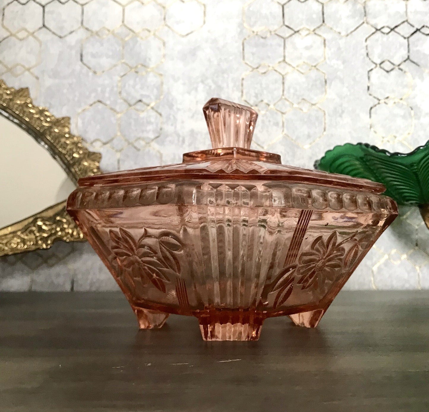 Antik Art Déco Dose Deckeldose Zierdose Pressglas Rosalin rosa Glas