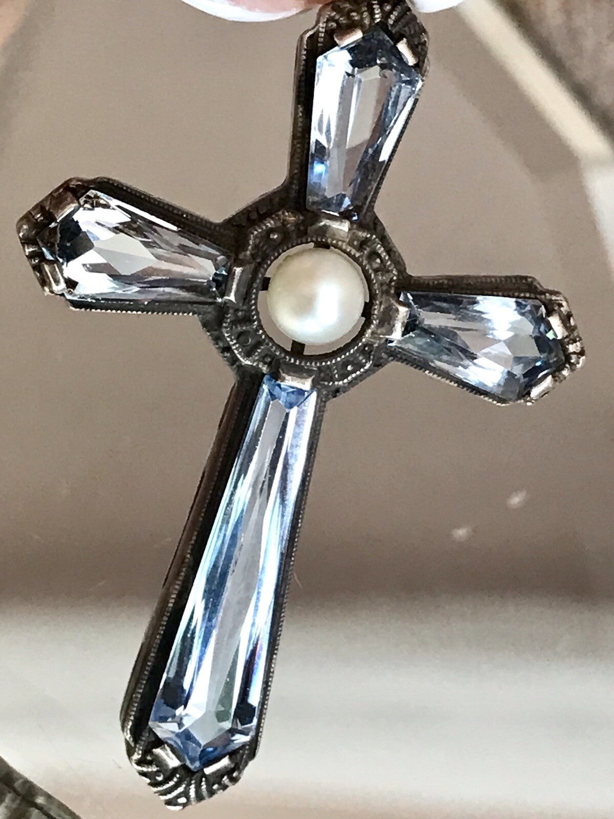 Antik Edel Art Déco Silber Kreuz Anhänger Kettenanhänger blaue Steine Aquamarin?