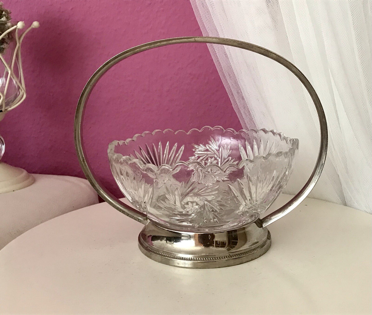 Antik Art Déco Schale Tafelaufsatz Pressglas Metallmontur Korb