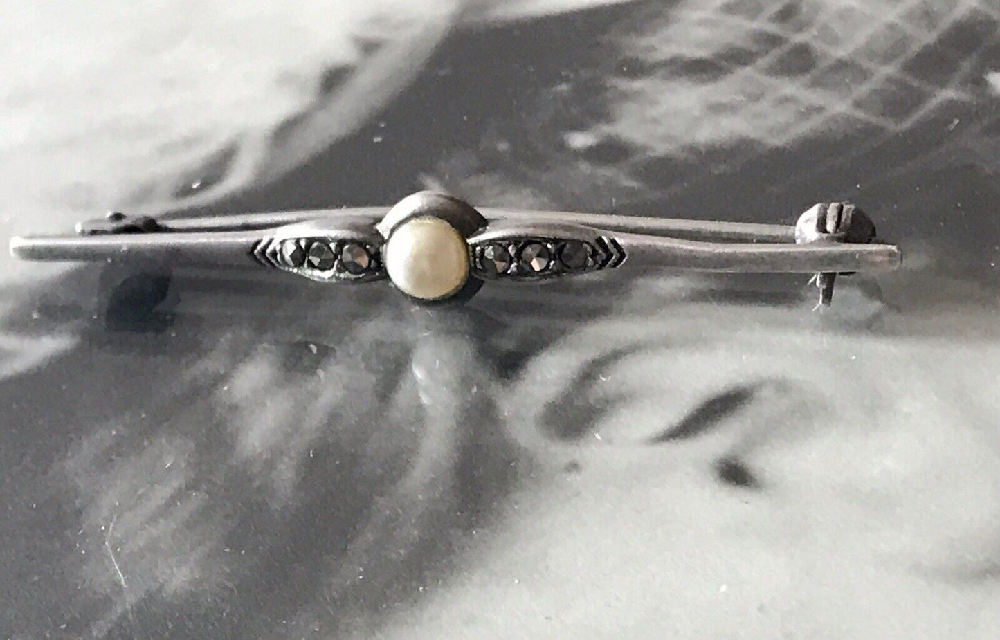 Antik Art Déco Edel Stabbrosche 835 Silber Brosche Markasiten Perle So Schön!