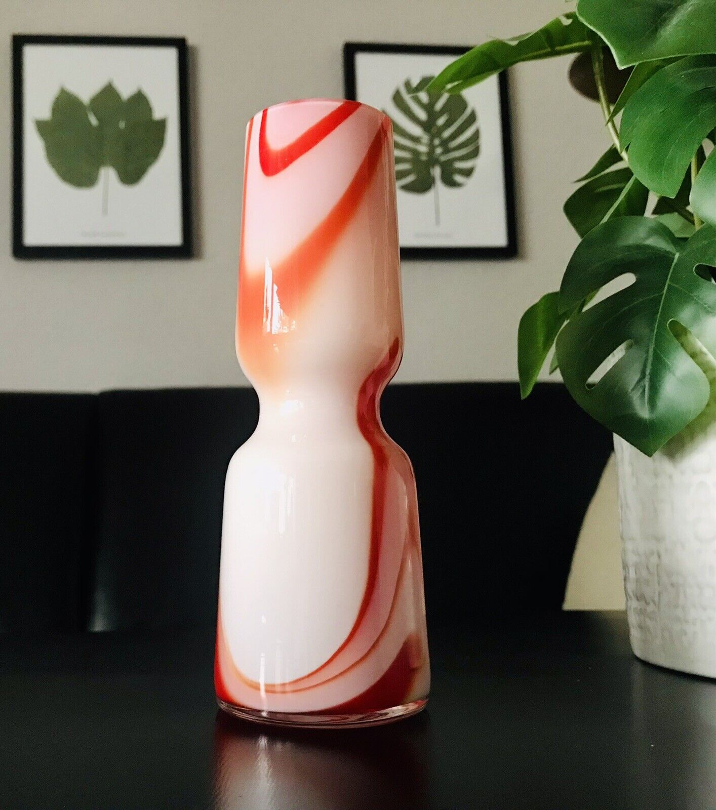 Carlo Moretti Vintage Vase Murano Glasvase rot weiß