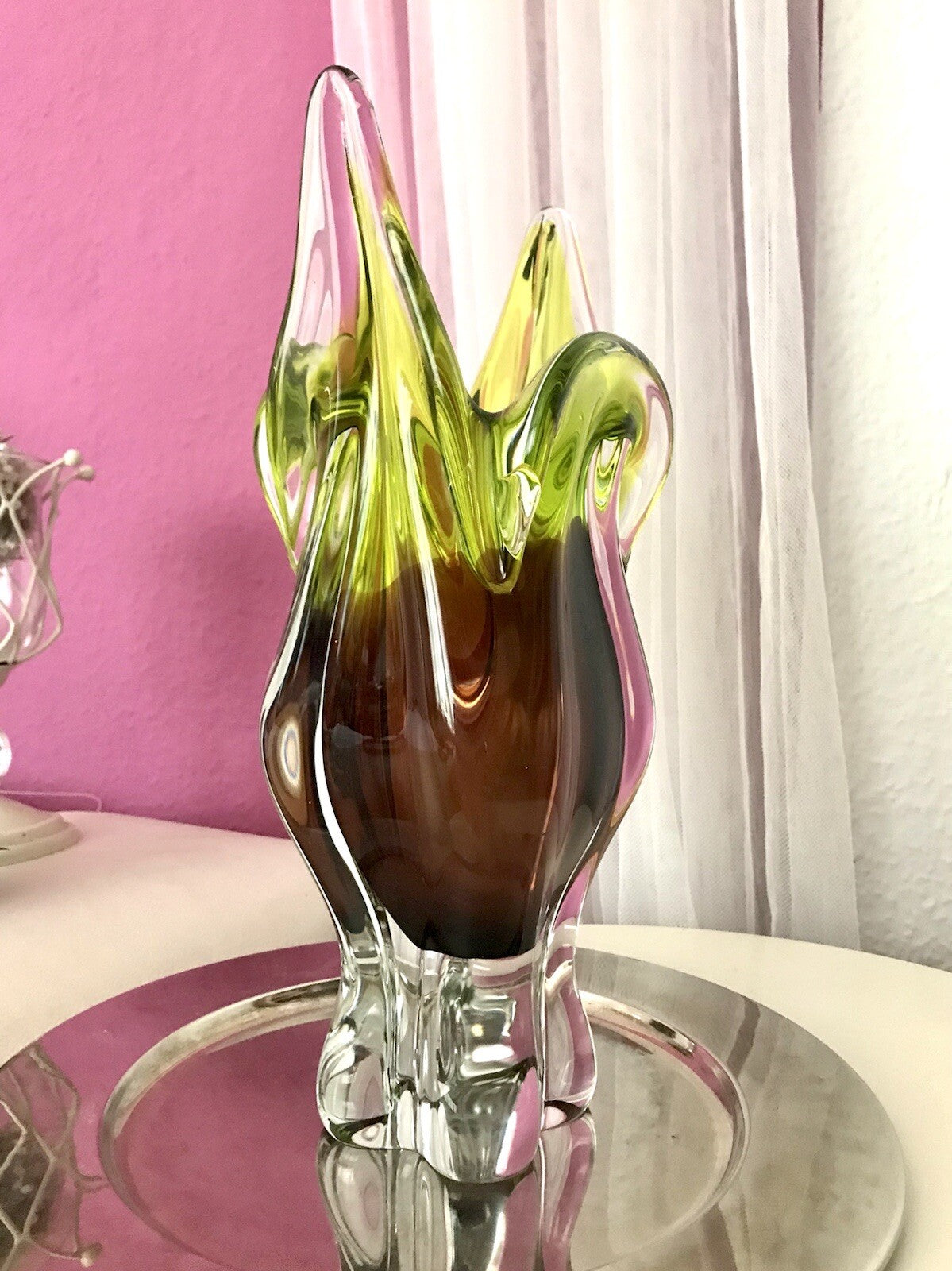 Vintage große Glasvase Vase Chribska 60er Jahre Glas Hospodka grün aubergine