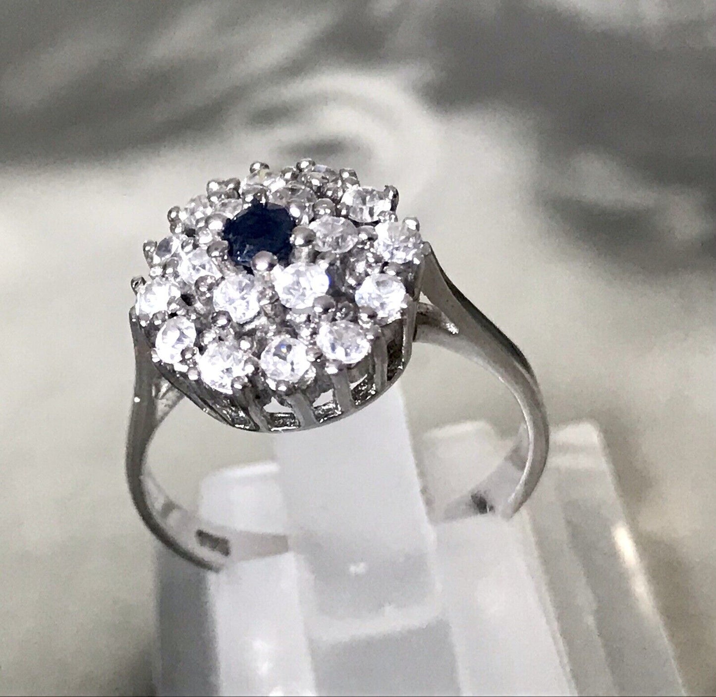 Vintage Entourage Halo Ring farblose Steine & Saphir Silber 925 ~Gr.54