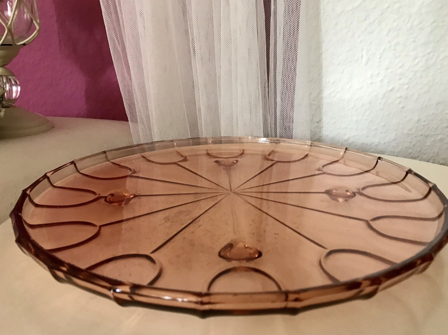 Antik Tortenplatte Tortenständer Rosalin Glas rosa 4Füssig Art Déco Pressglas