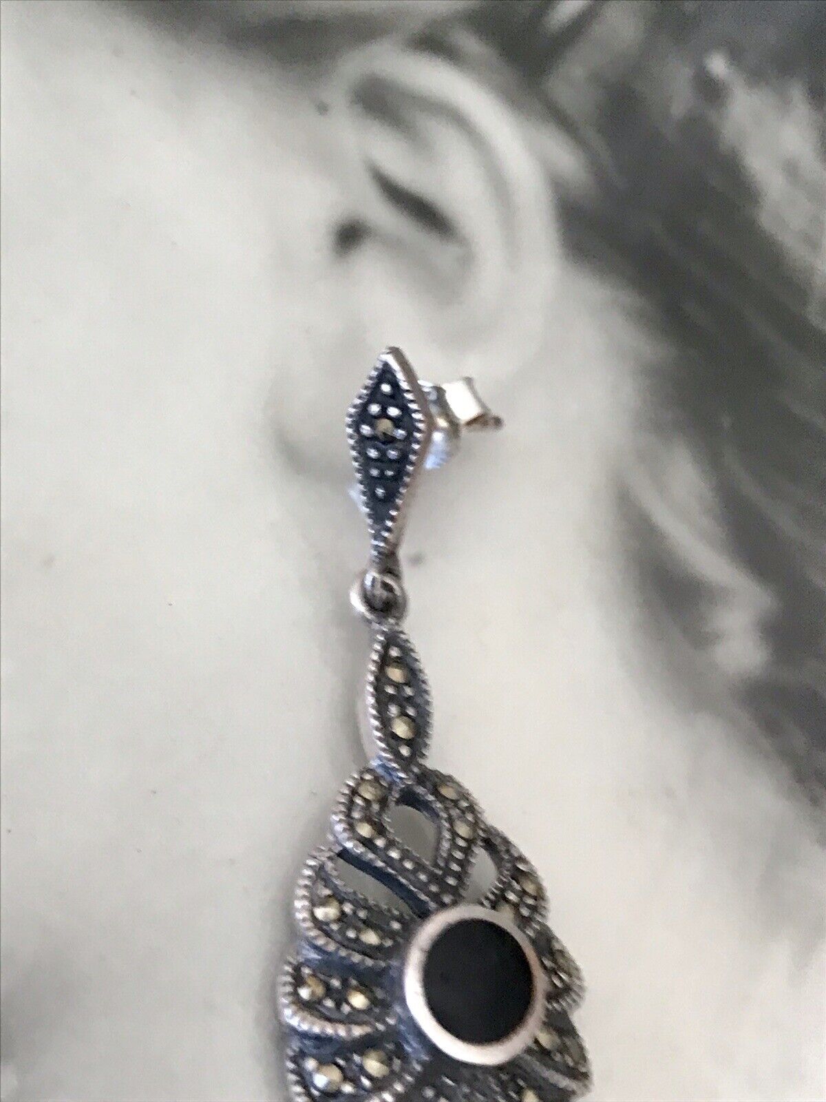 Antik Art Déco Wunderschön Ohrhänger Ohrringe DAMEN Silber 925 Onyx Markasite