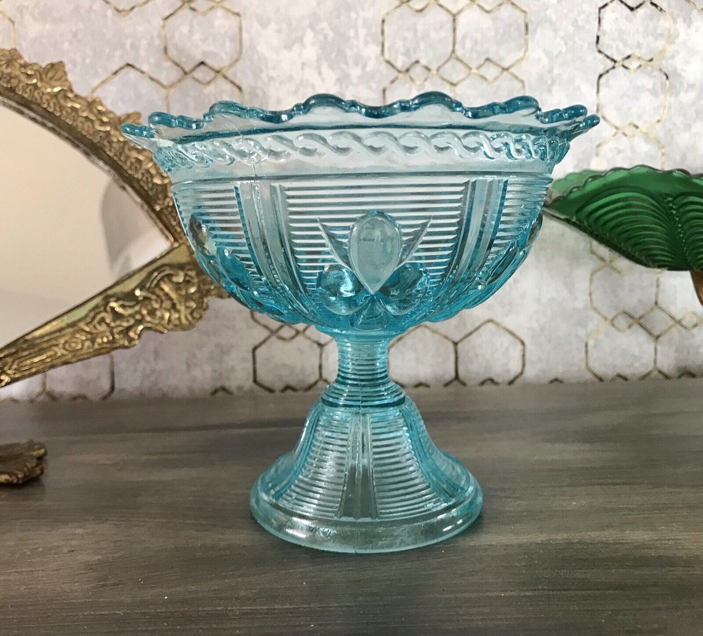 Antik Jugendstil Art Déco Pressglas Schale Fußschale Zuckerschale blau türkis