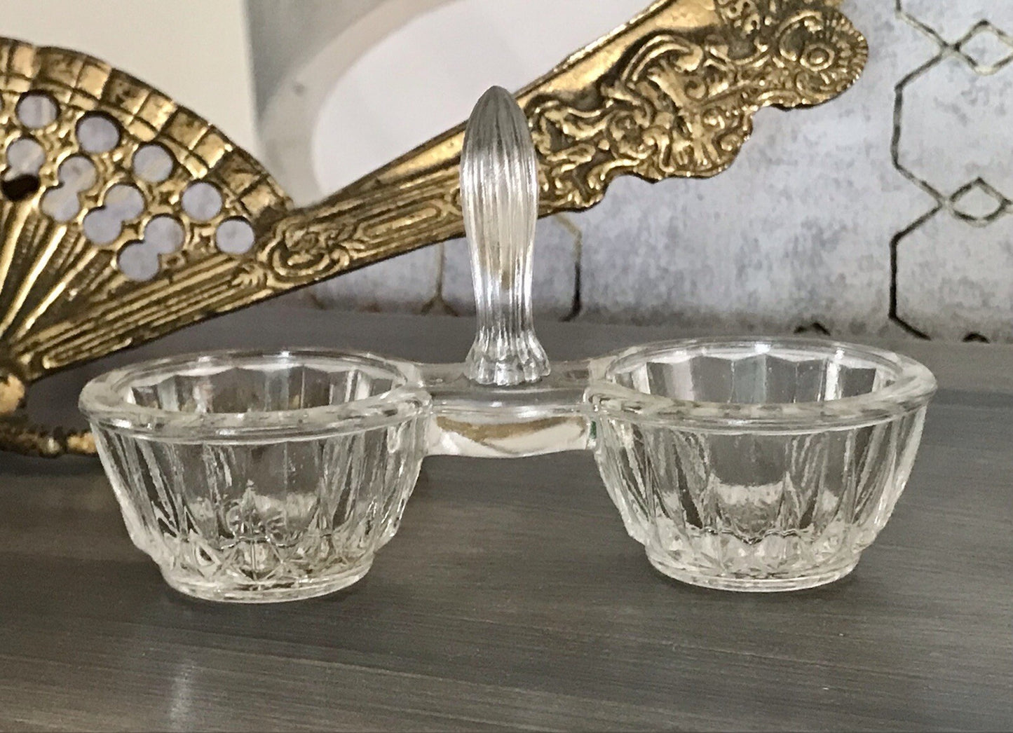 Antik Art Déco Pressglas Salz & Pfeffer Menage Saliere Gewürzständer Glas