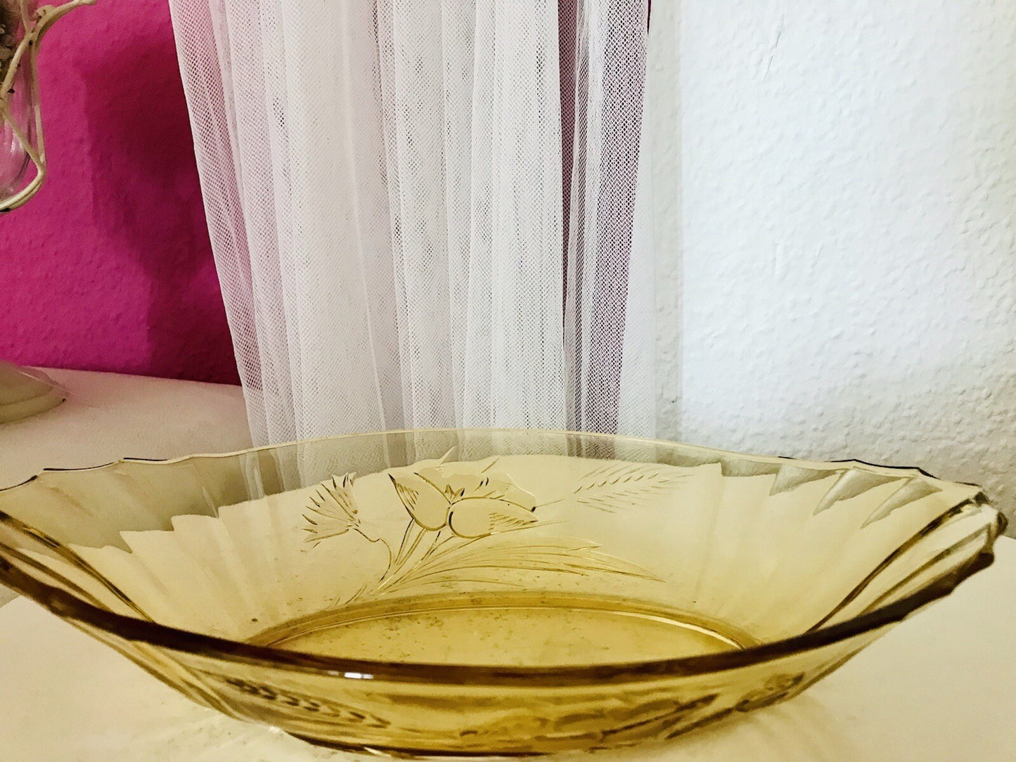 Antik Art Déco Bernstein Farbe gelb Pressglas Schale Jardiniere Glas