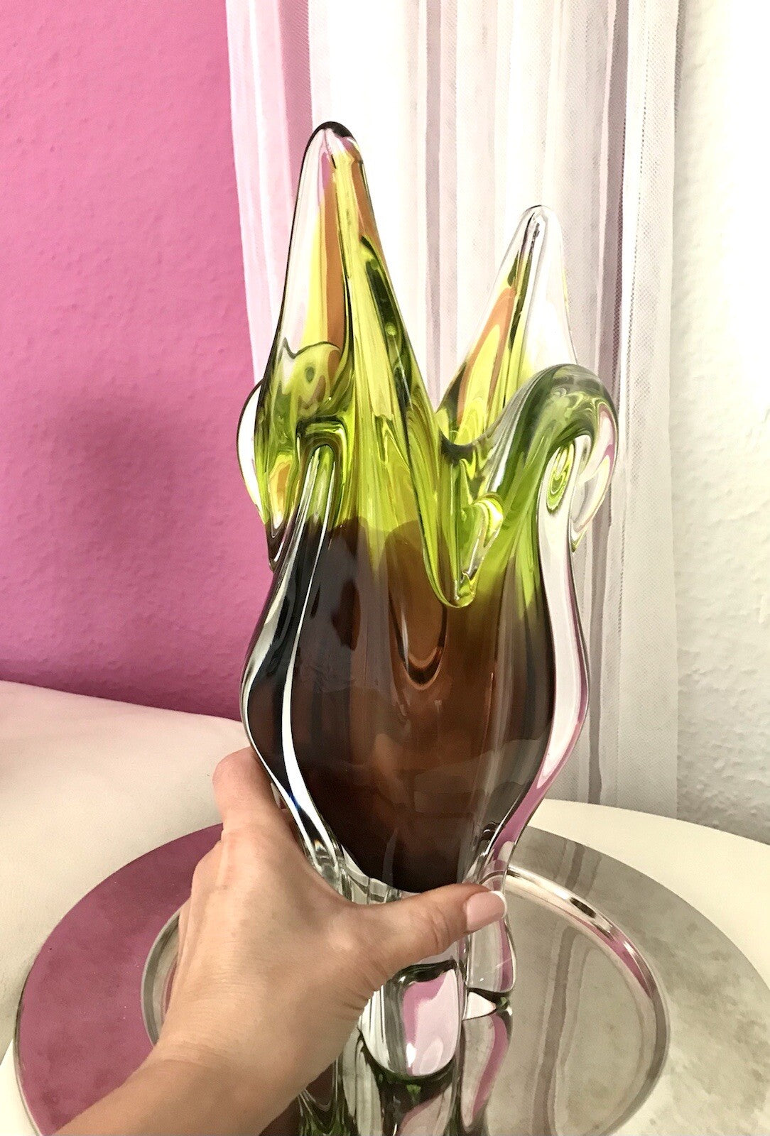 Vintage große Glasvase Vase Chribska 60er Jahre Glas Hospodka grün aubergine