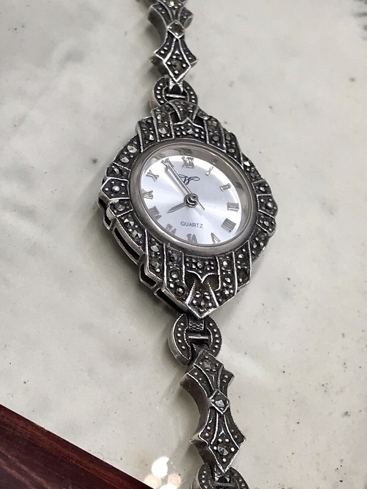 Vintage EDEL!!! Art Déco Stil 925 Silber Armbanduhr Damen Markasite wundervoll!