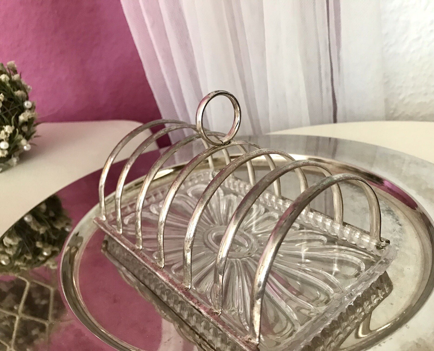 Vintage Toastbrot Ständer Halter versilbert Glaseinsatz Kristallglas 60er Jahre