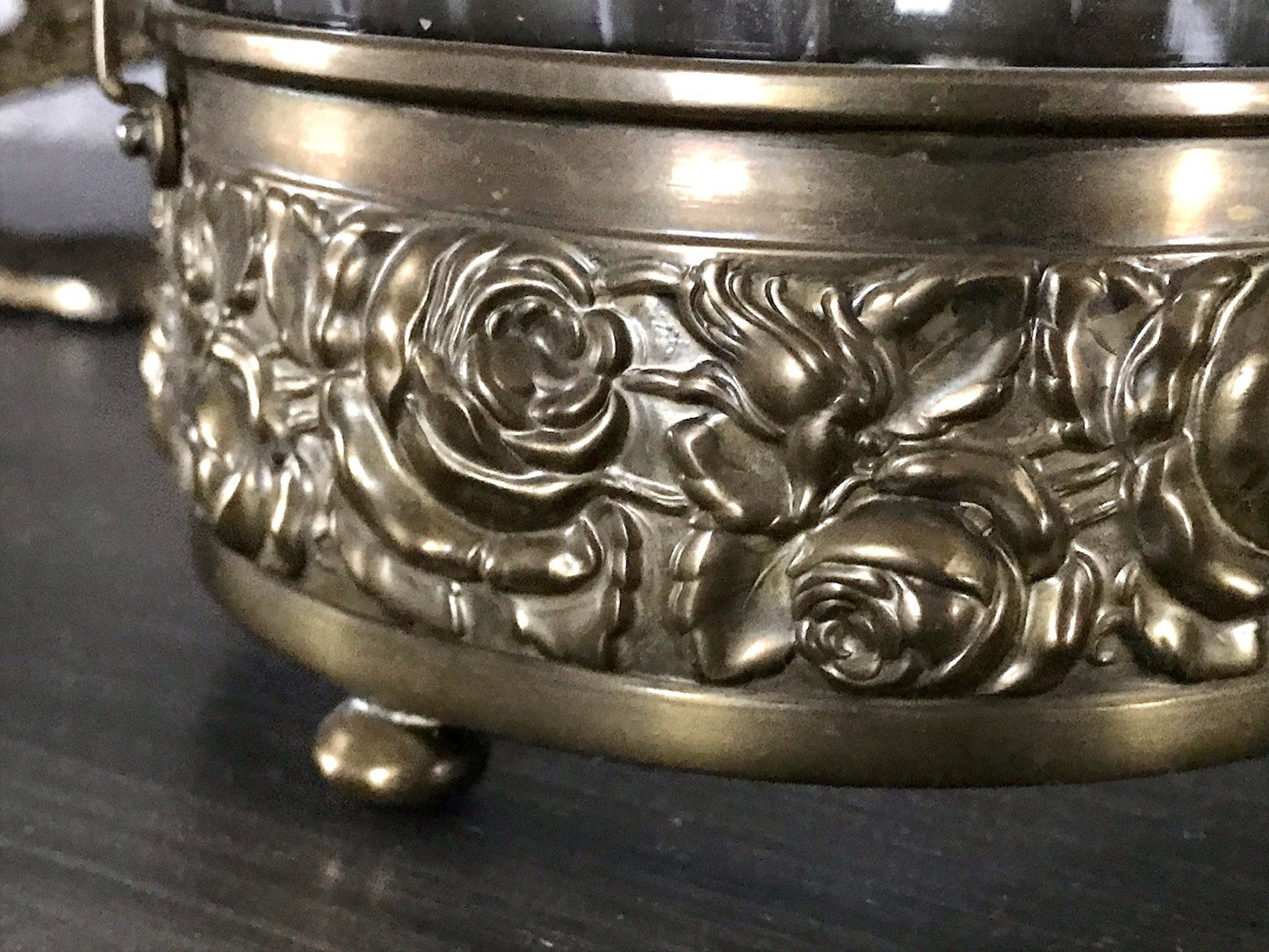 Antik Jugendstil Art Déco Messing Montur Rosen Schale Bonboniere Glaseinsatz