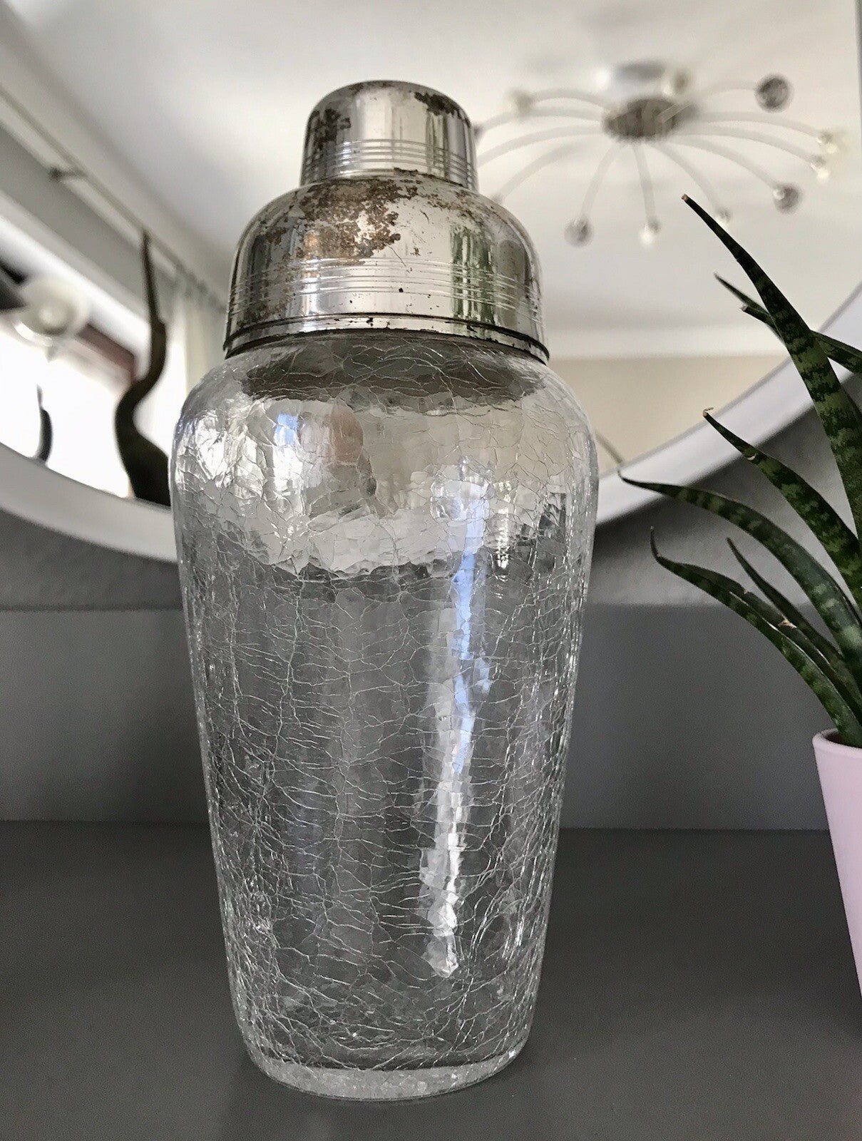 Vintage Glas 60er Craquelée versilbert Montur Getränke Cocktail Shaker