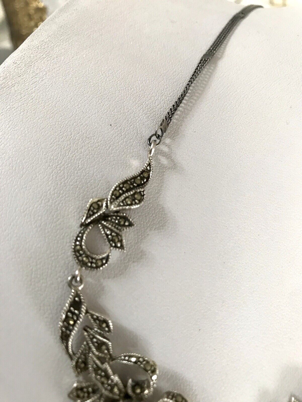 Antik Edel Jugendstil Art Déco 925 Silber Collier Halskette mit Onyx & Markasite