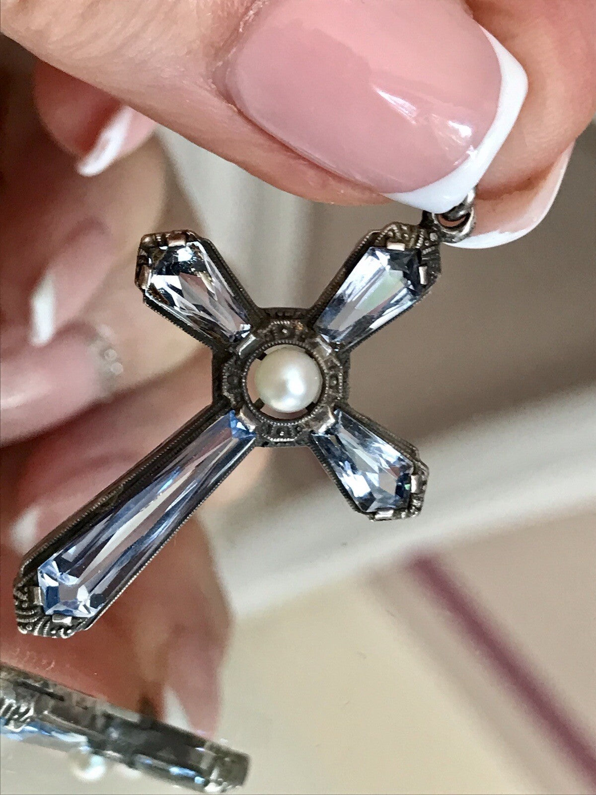 Antik Edel Art Déco Silber Kreuz Anhänger Kettenanhänger blaue Steine Aquamarin?