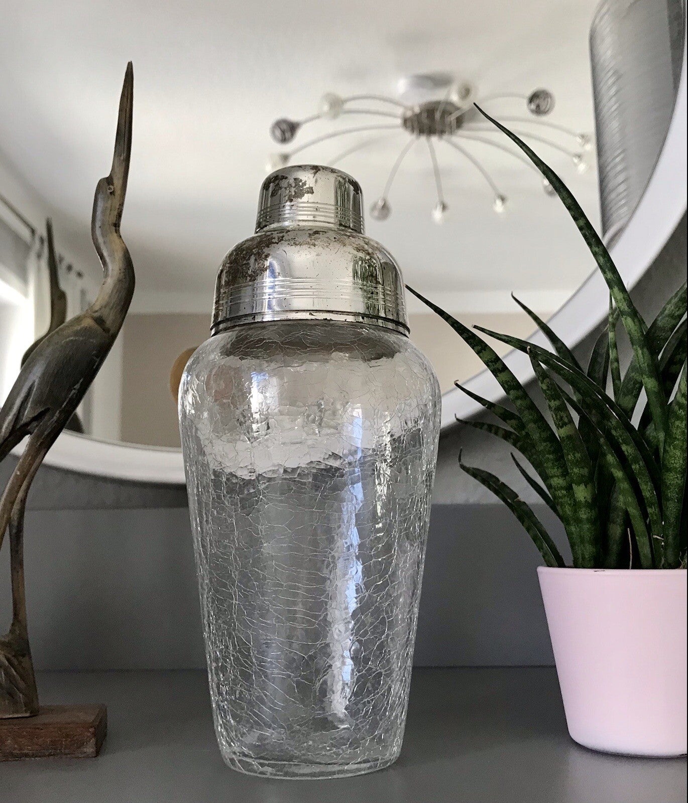 Vintage Glas 60er Craquelée versilbert Montur Getränke Cocktail Shaker