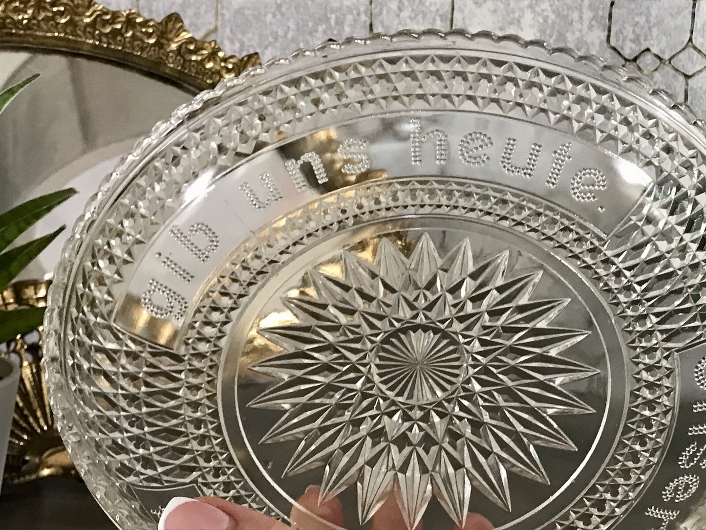 Art Déco Pressglas Schale Antik Brotschale Unser täglich Brot gib uns heute Glas