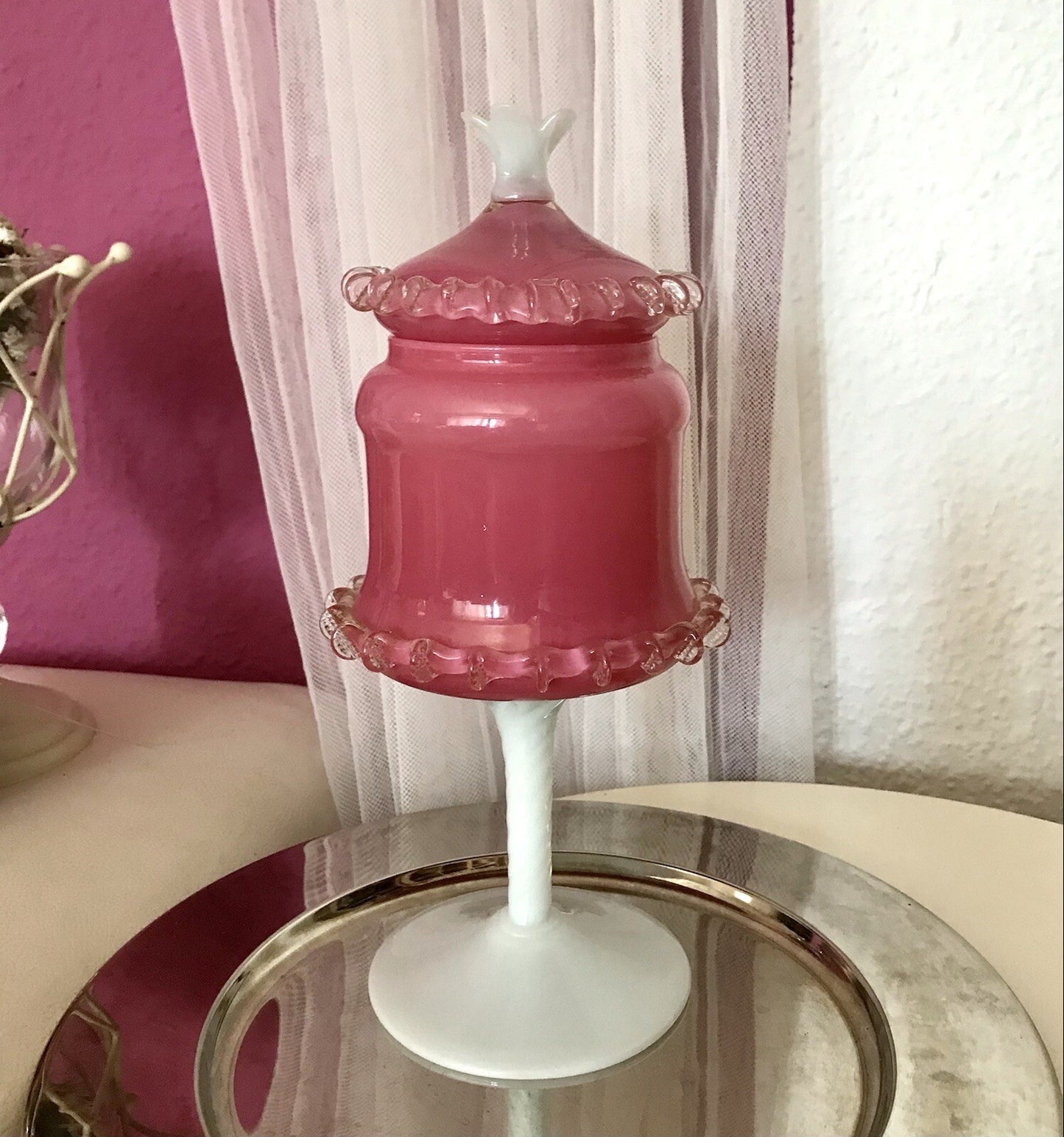 Vintage 60er Empoli Fußschale Schale Bonboniere rosa weiß Deckelvase Designer