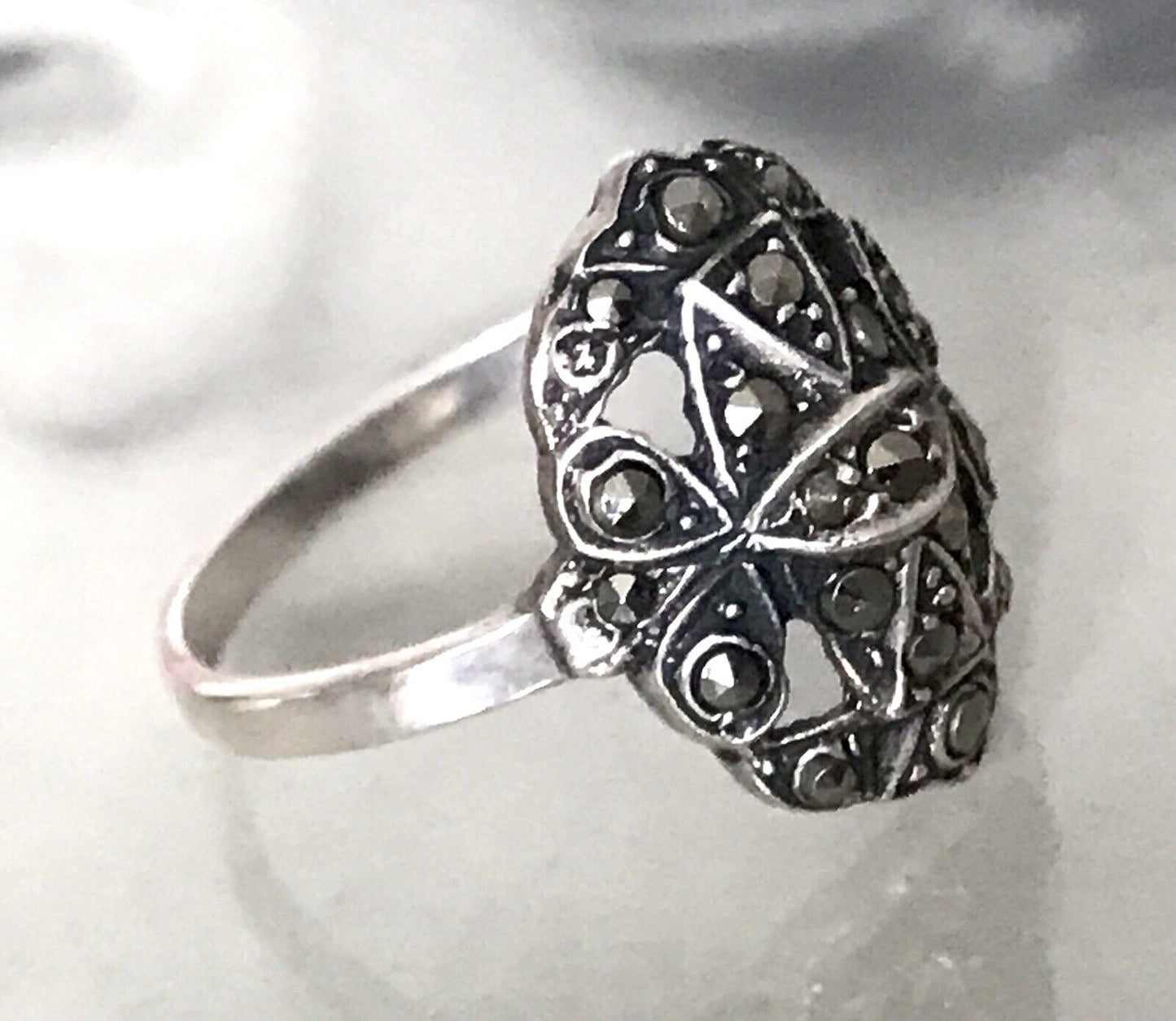 Antik Art Déco Edel Markasite DAMEN RING Silber 925 Gr.52 53 Schiffchen 1,68
