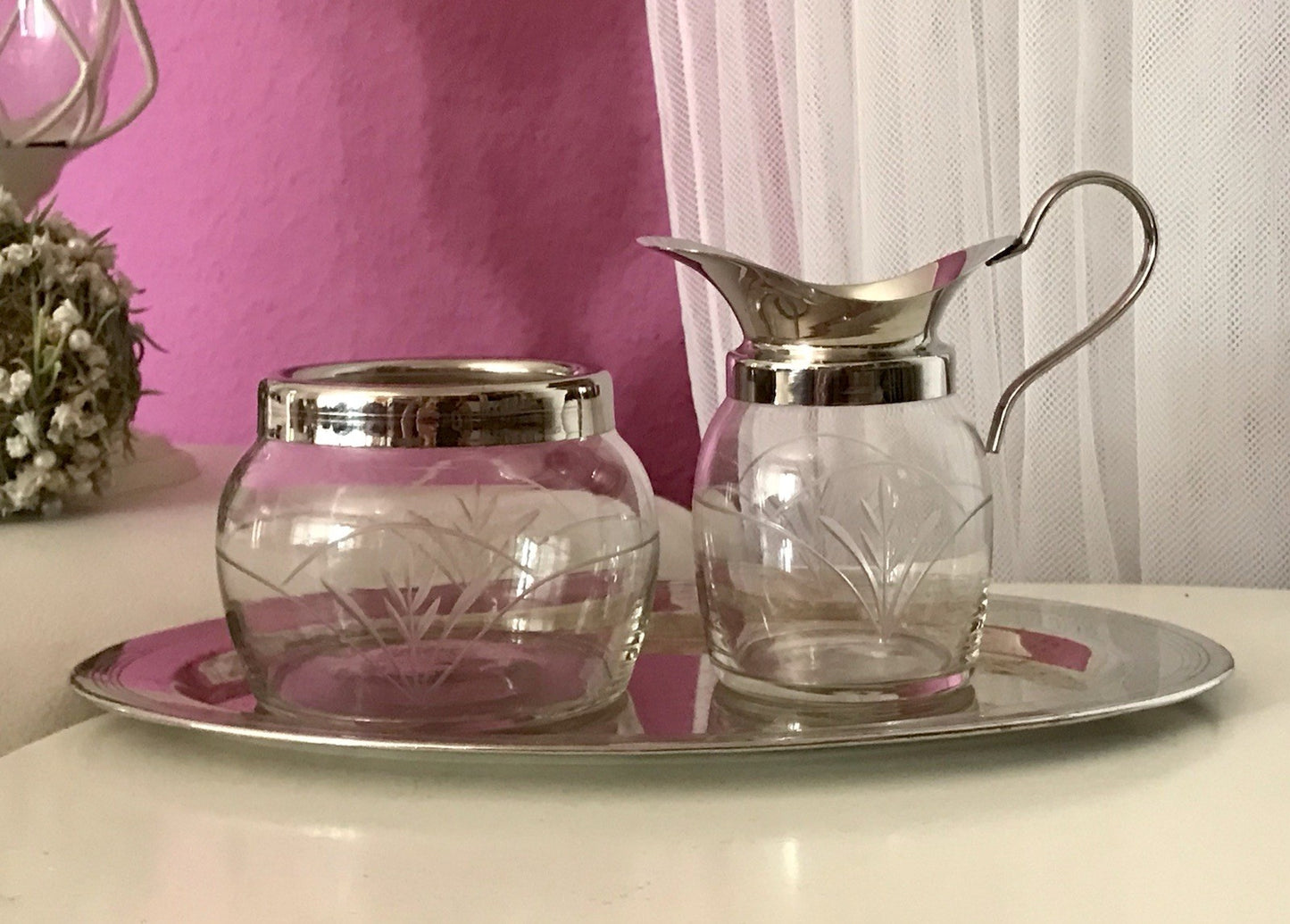 Antik Jugendstil 3 Teile Milch& Zucker Tablett Metallmontur & Glas geschliffen