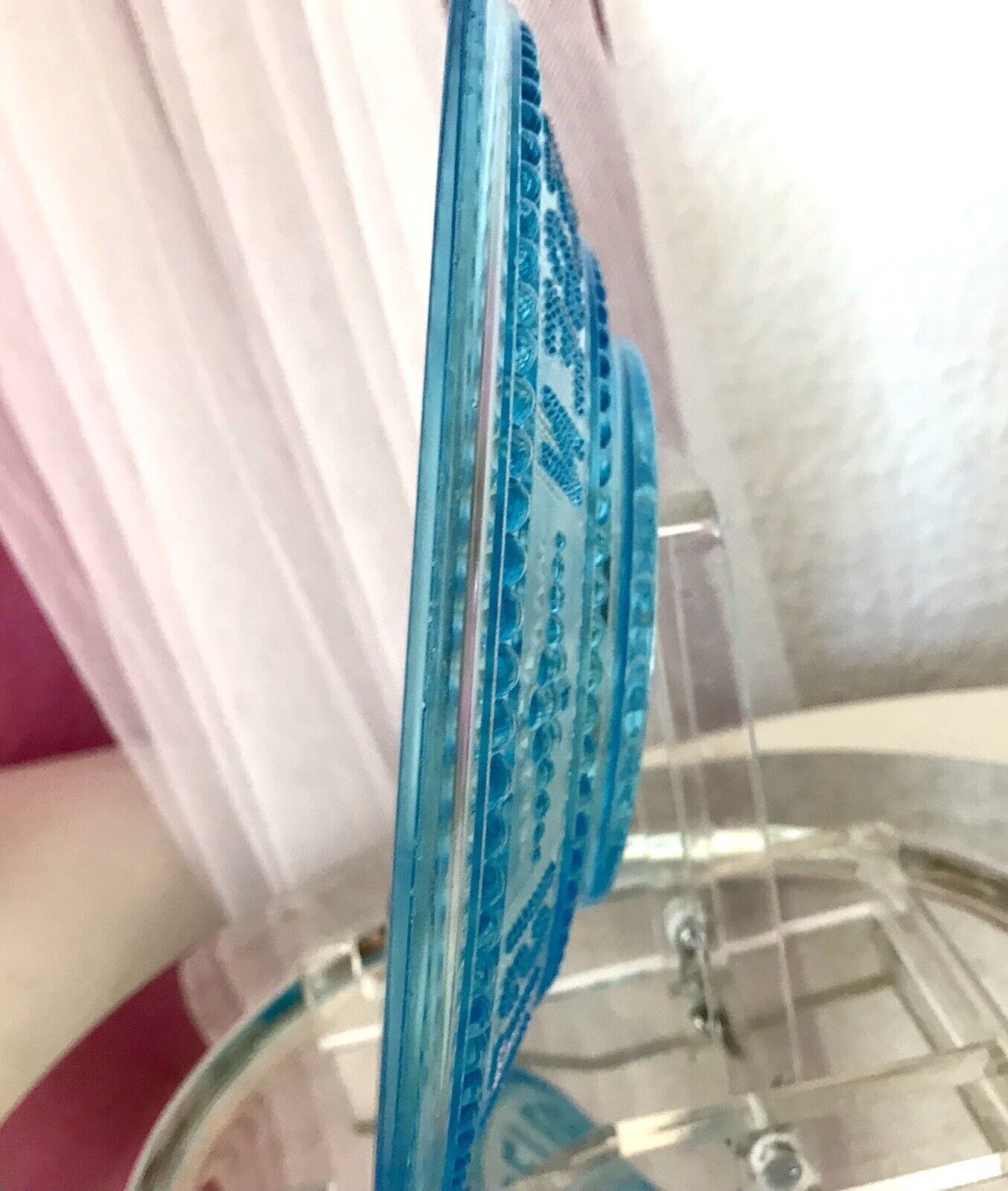Antik Art Déco Pressglas Schale türkis blau An Gottes Segen ist alles gelegen