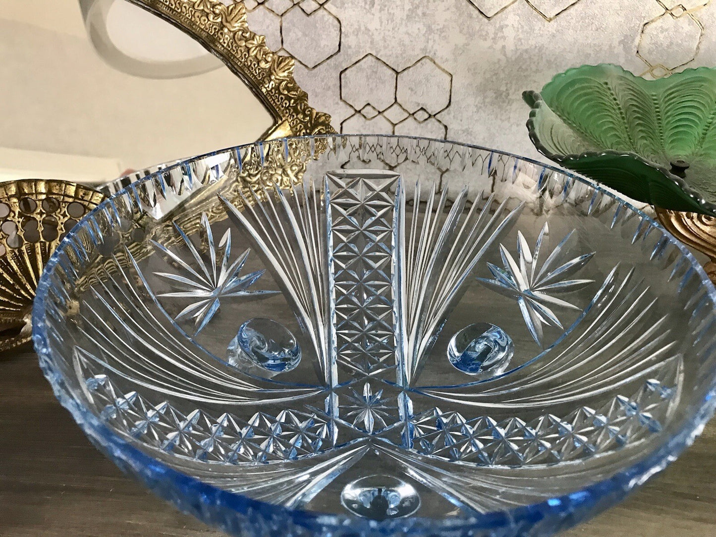 Antik EDEL blau Art Déco Schale Glasschale mundgeblasen geschliffen 3füssig