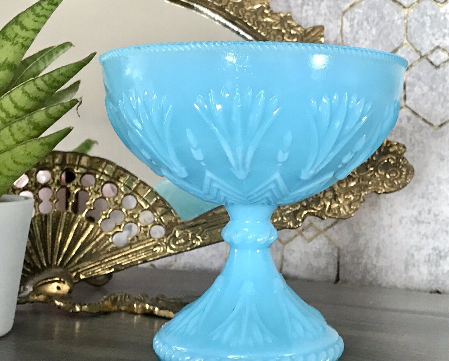 Antik Jugendstil Art Déco Pressglas Schale Fußschale Zuckerschale blau türkis