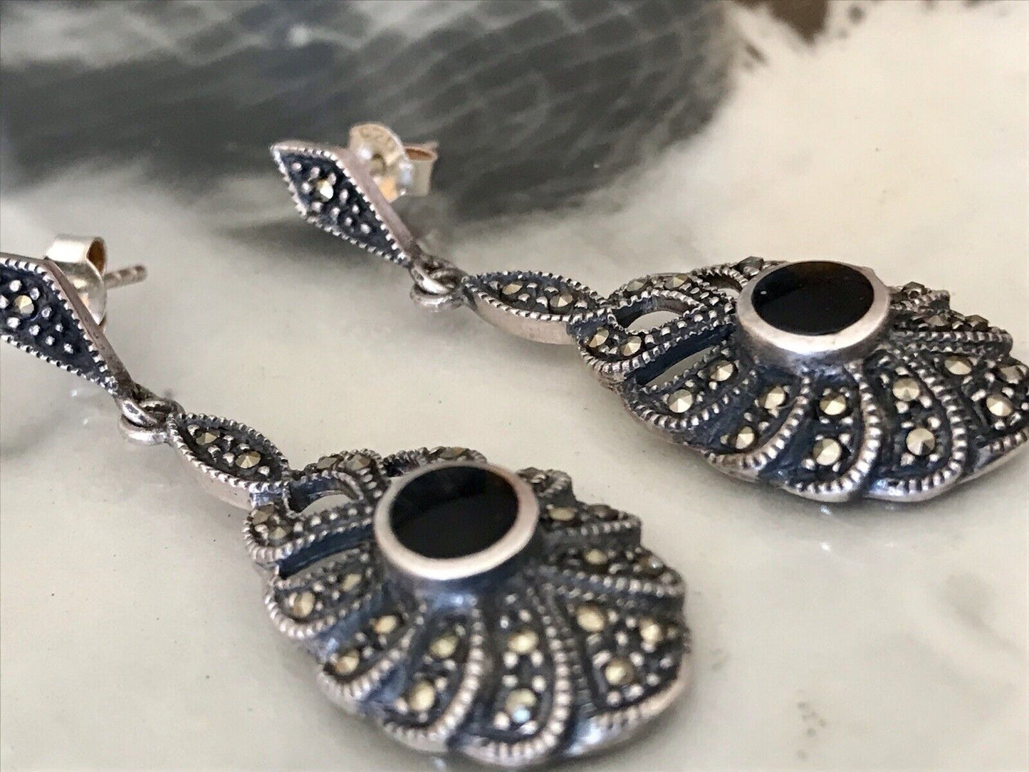 Antik Art Déco Wunderschön Ohrhänger Ohrringe DAMEN Silber 925 Onyx Markasite