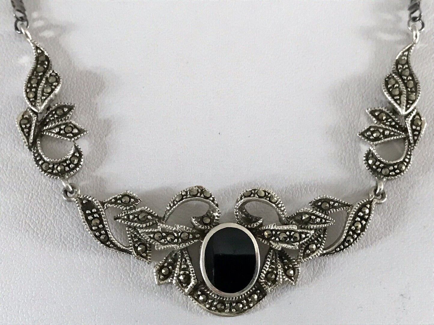 Antik Edel Jugendstil Art Déco 925 Silber Collier Halskette mit Onyx & Markasite