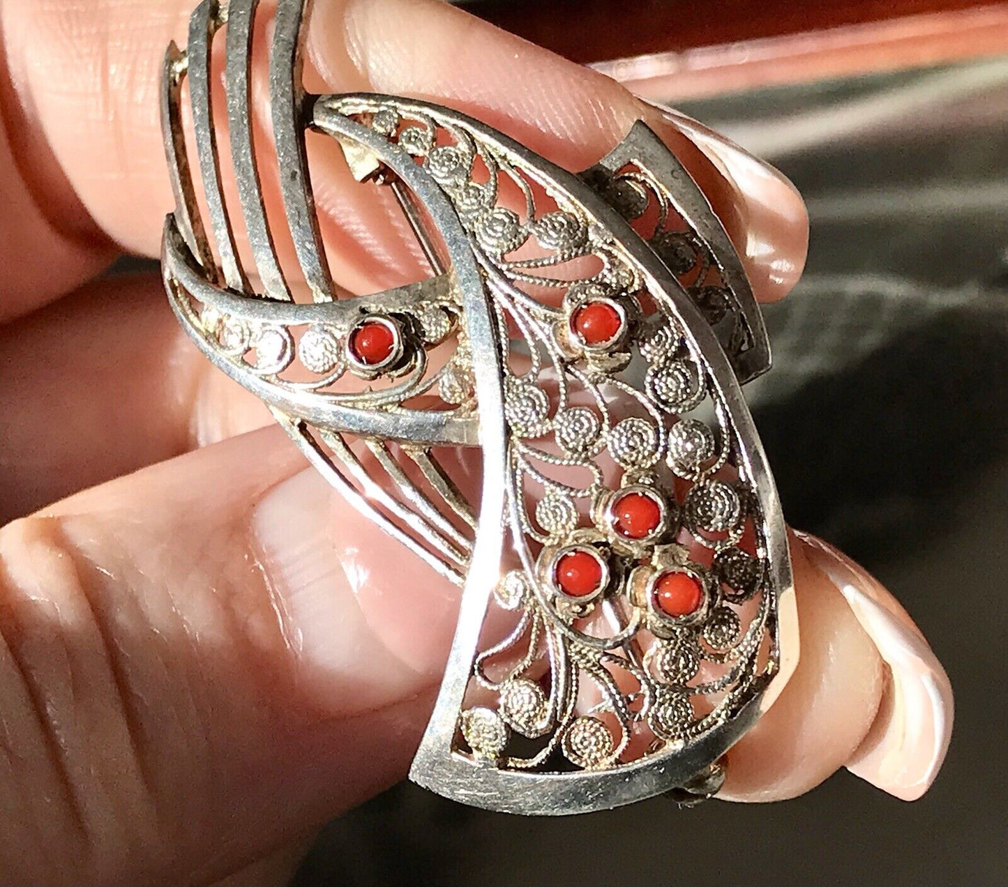 Antik Art Déco Edel prachtvoll filigran Brosche Silber 835 H Koralle