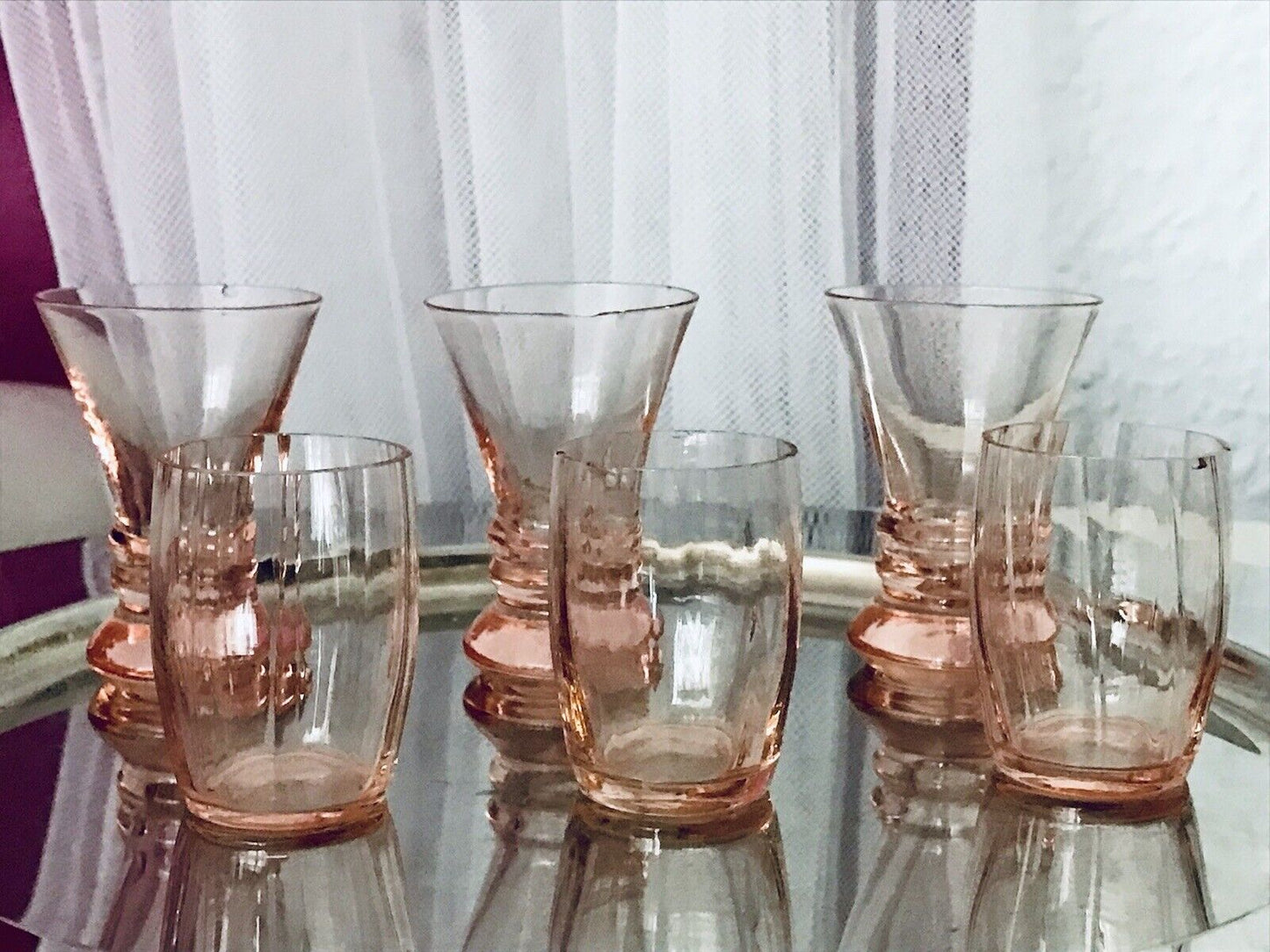 Antik ~1900 -20 6x Schnapsgläser Likör Gläser Pinchen optisch gerippt Glas rosa
