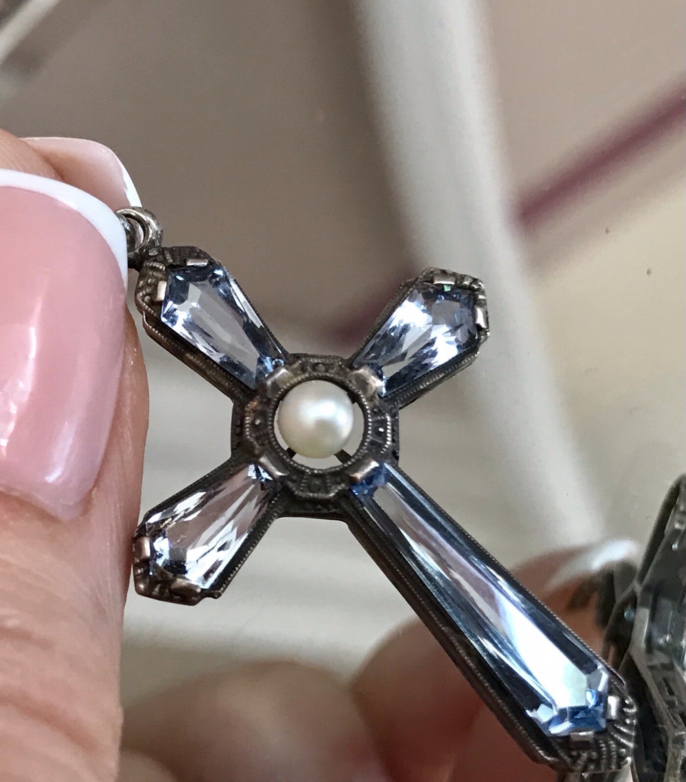 Antik Edel Art Déco Silber Kreuz Anhänger Kettenanhänger blaue Steine Aquamarin?
