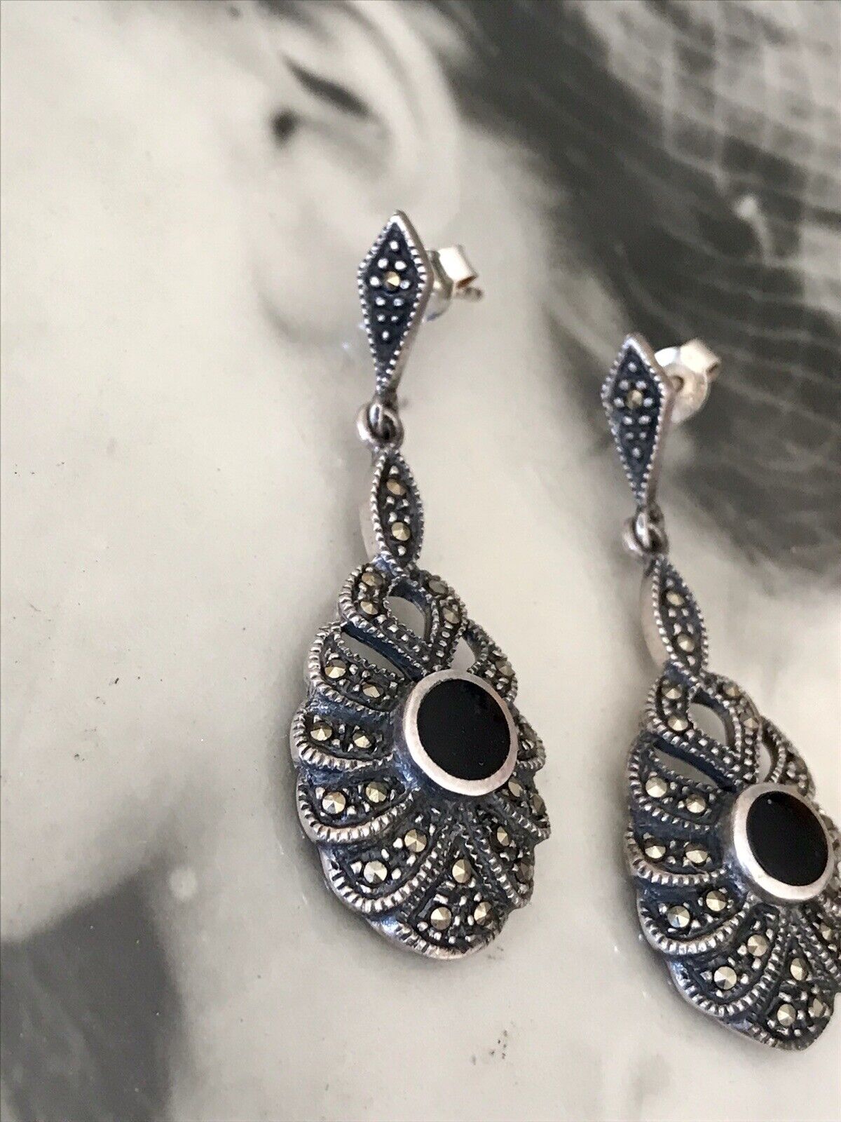 Antik Art Déco Wunderschön Ohrhänger Ohrringe DAMEN Silber 925 Onyx Markasite