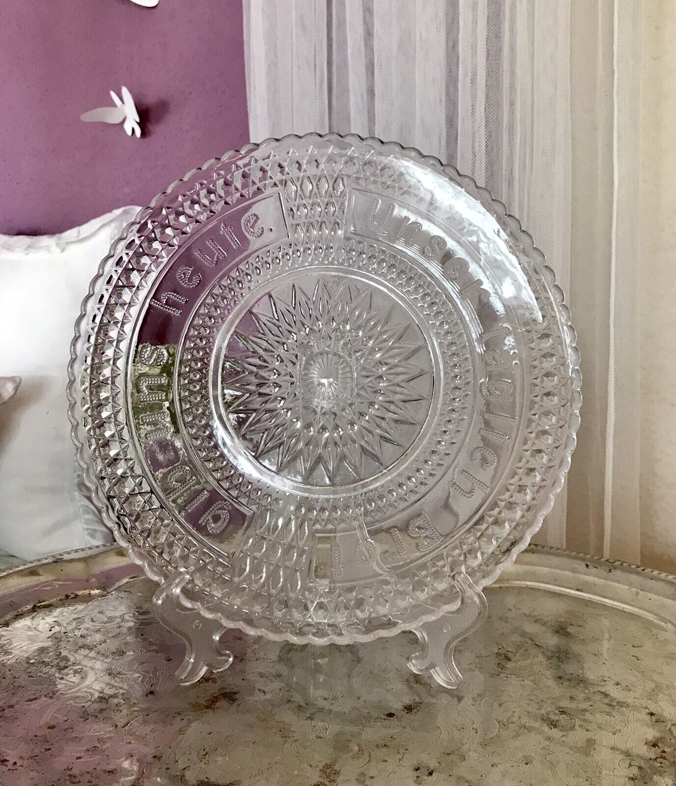Art Déco Pressglas Schale Antik Brotteller Unser täglich Brot gib uns heute
