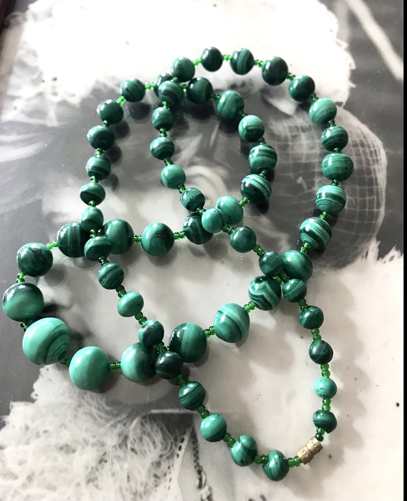 Alt Edel Vintage Halskette Kette Malachite grün Sehr Schön Retro